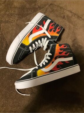 Vans Black and White High-Top Sneakers with Flame Accent